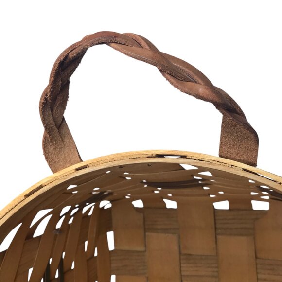 Large Handmade PETERBORO BASKET CO Amish Basket, Wood w/ Leather Braided Handles - Picture 9 of 13